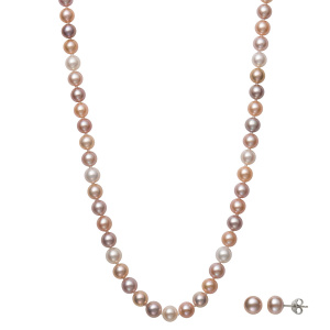 Multicolor Pink Freshwater Pearl Necklace & Stud Earring Set - AA Quality Photo