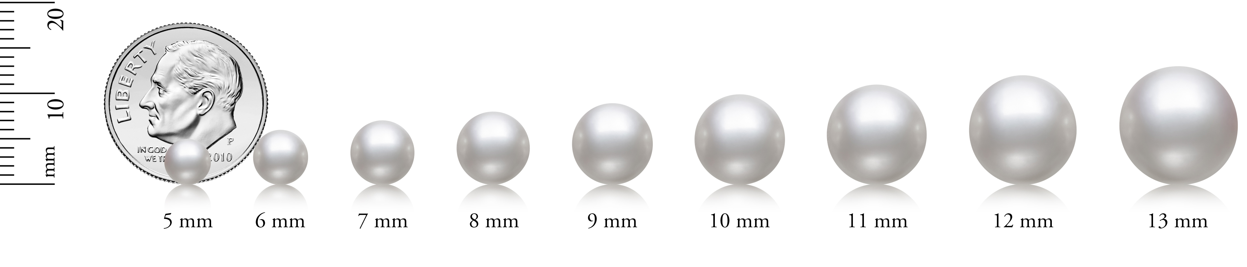 different pearl sizes compared to a US Dime coin